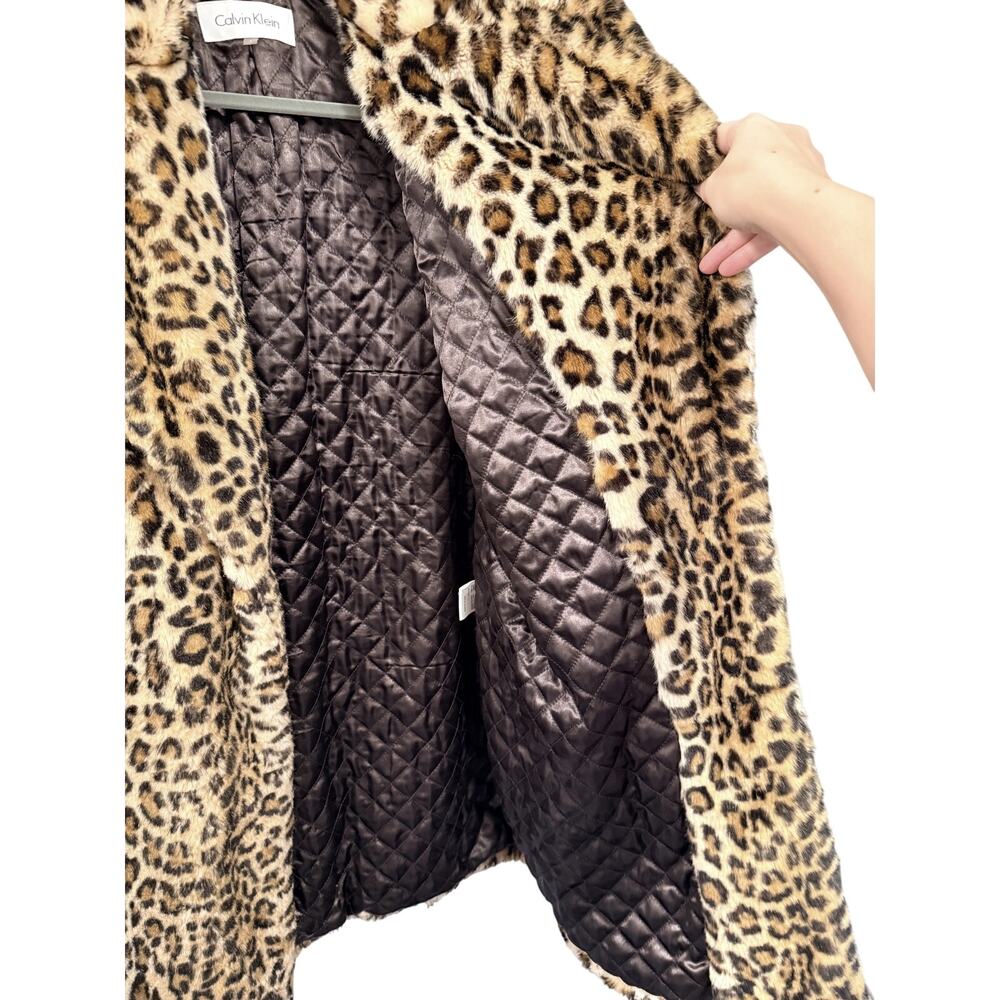 NEW! Calvin Klein L Leopard Print Faux Fur $299 Long Coat Jacket Animal Print - Picture 6 of 12